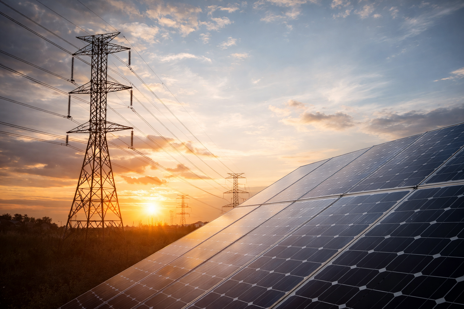 power lines and solar panels generating electricity