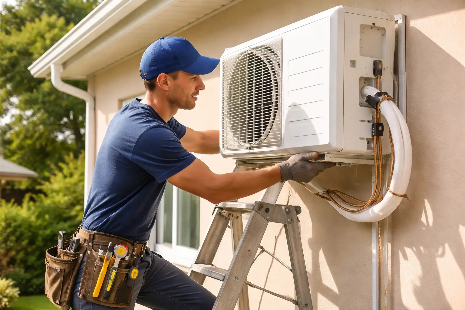 HVAC technician installing a ductless mini split air conditioner on exterior wall of home