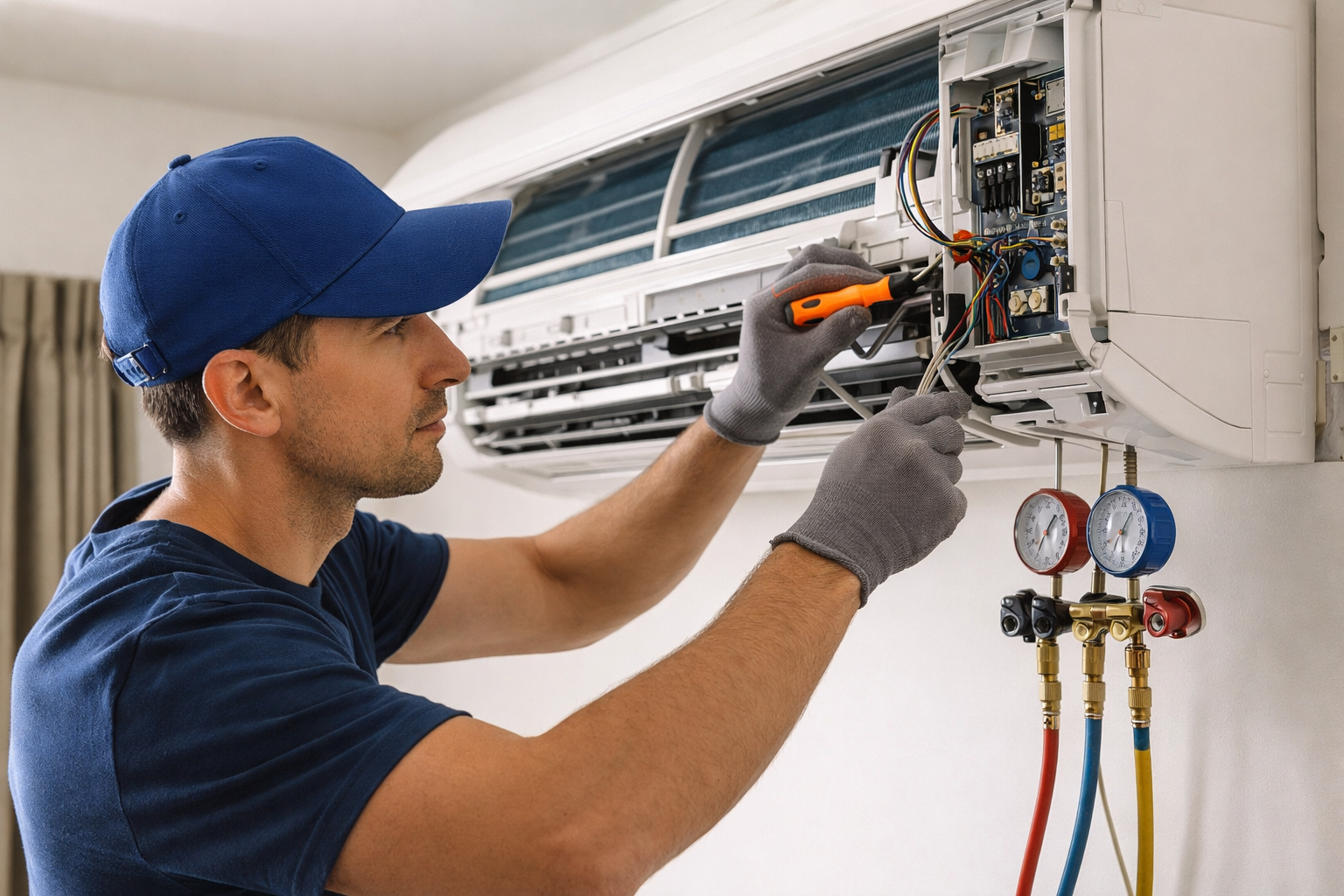 HVAC technician repairing a ductless mini split air conditioner indoor unit